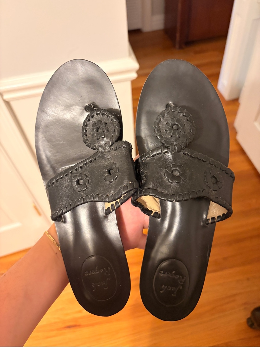 Jack Rogers Black Leather Slide Sandals with small wedge